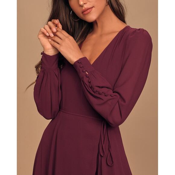 Lulus NWT My Whole Heart Plum Long Sleeve Balloon Sleeves Wrap Maxi Dress XL - Picture 4 of 11